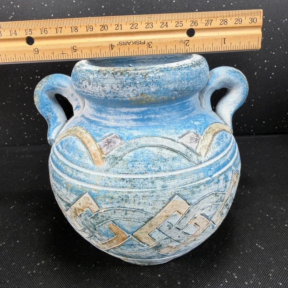 Andalusia Spain Studio Pottery Vase Blue White Geometric Carved 6in Handle VTG